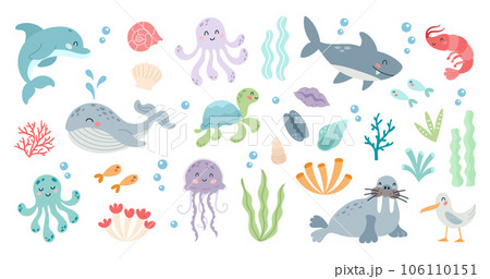 Set of cute marine animals in flat cartoon style. Sea life, ocean design elements for printing, poster, card. Vector illustration 106110151