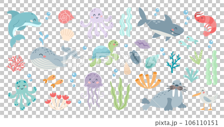 Set of cute marine animals in flat cartoon style. Sea life, ocean design elements for printing, poster, card. Vector illustration 106110151