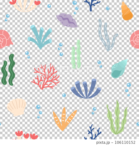 Seamless pattern with colored cartoon seaweed, shells and corals on a white background. Sea flora design for print, textile. Vector illustration 106110152