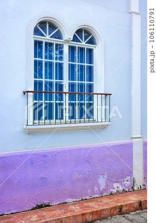 Street view of a colorful facade with window, architecture background, Guayaquil, Ecuador. 106110791