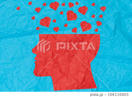 Red hearts fly out of the head silhouette. Concept of love and kindness Red hearts fly out of the head silhouette. Concept of love and kindness 106110803