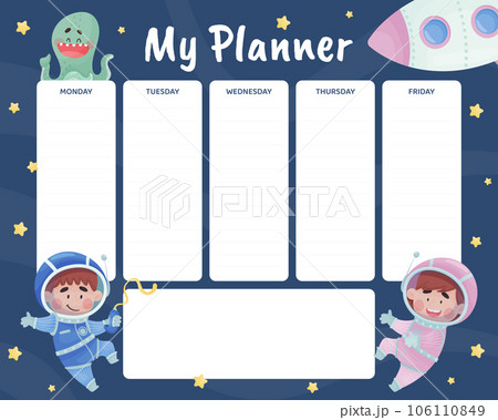 My Planner with Cute Kid Astronaut Character in Space Suit Vector Template 106110849