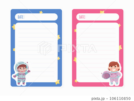 Note Card with Cute Kid Astronaut Character in Space Suit Vector Template Note Card with Cute Kid Astronaut Character in Space Suit Vector Template 106110850