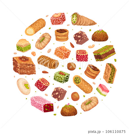 Eastern and Arabic Sweets Round Composition Design Vector Template 106110875