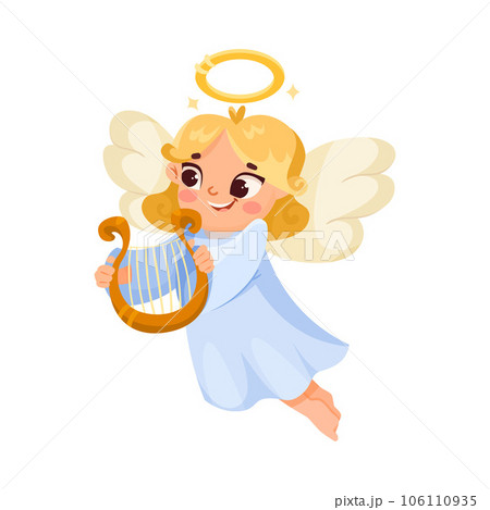 Cute Blonde Girl Angel with Harp and Nimbus Vector Illustration 106110935