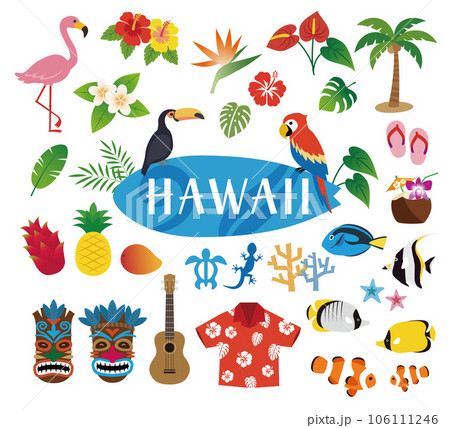 ハワイ素材イラスト　アイコンセット　トロピカルバード、ハイビスカス、プルメリア、ティキお面、アロハシ 106111246