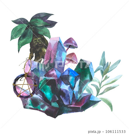 Watercolor composition Semiprecious of blue and purple crystals, fantasy toxic Halloween mushrooms and Fern. Hand drawn illustration isolated on white background. 106111533