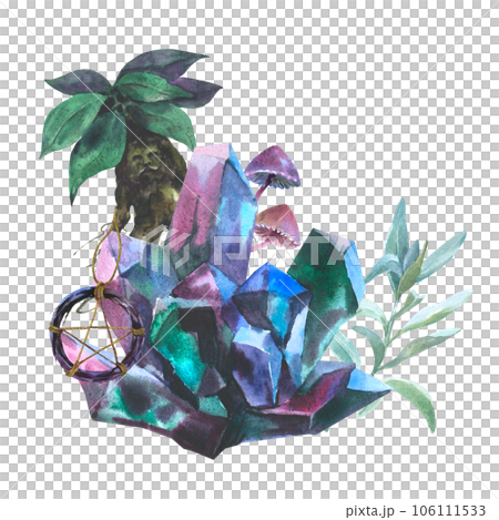Watercolor composition Semiprecious of blue and purple crystals, fantasy toxic Halloween mushrooms and Fern. Hand drawn illustration isolated on white background. 106111533