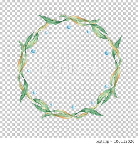 Floral sea wreath, seaweeds and water bubbles birthday card. Marine design. Watercolor hand drawn illustration isolated on white background. For cards, logos, marine design. Floral sea wreath, seaweeds and water bubbles birthday card. Marine design. Watercolor hand drawn illustration isolated on white background. For cards, logos, marine design. 106112020