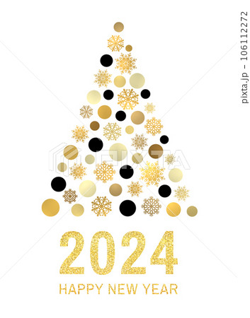 Happy new year 2024. Gold glitter greeting card design on white background. Abstract Christmas tree with golden black circles snowflakes on white background. Poster, banner vector holiday decoration. 106112272
