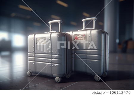 Two stylish metal suitcases standing in an empty airport room Two stylish metal suitcases standing in an empty airport room 106112476