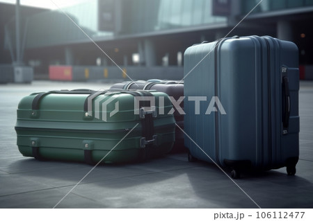 Three big stylish suitcases standing outdoor in airport Three big stylish suitcases standing outdoor in airport 106112477
