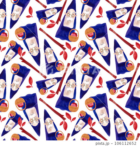 Watercolor seamless patern with autumn gnomes . Seasonal wrapping paper. Fall. Raster illustration for packaging, wallapers, wrapping paper, textile. White background Watercolor seamless patern with autumn gnomes . Seasonal wrapping paper. Fall. Raster illustration for packaging, wallapers, wrapping paper, textile. White background 106112652