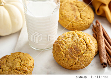 Pumpkin snickerdoodle cookies with cinnamon and milk 106112768
