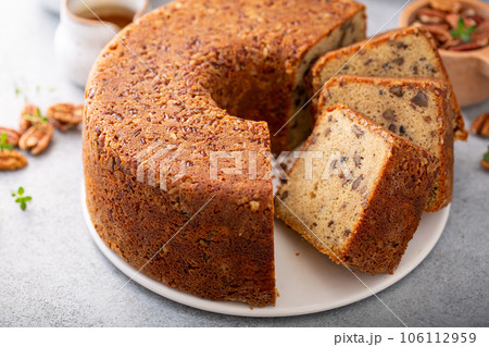 Traditional brown sugar pecan cake, bundt pan 106112959