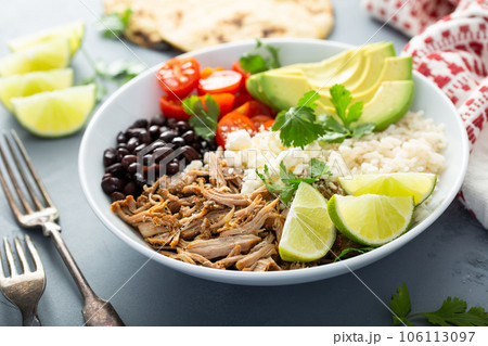 Pork carnitas bowl or burrito bowl 106113097
