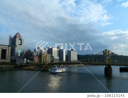 Pittsburgh Bridge with ferry passing under Pittsburgh Bridge with ferry passing under 106113145
