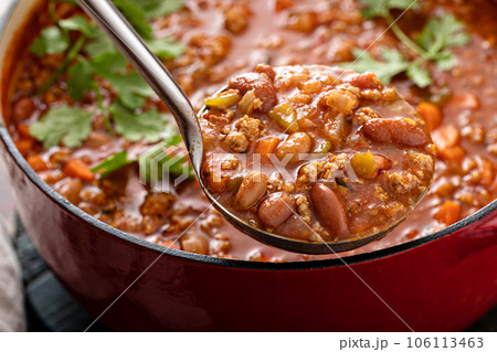 Traditional chili soup with meat and red beans 106113463