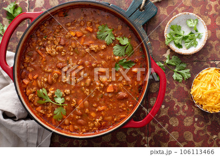 Traditional chili soup with meat and red beans Traditional chili soup with meat and red beans 106113466