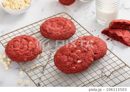Red velvet cookies with white chocolate chips with milk 106113503