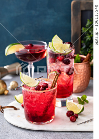 Variety of festive Christmas cocktails with cranberry and lime 106113540