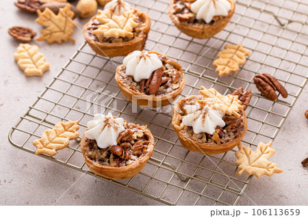 Mini pecan pies baked in a muffin tin Mini pecan pies baked in a muffin tin 106113659