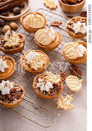 Mini pumpkin and pecan pies baked in muffin tin 106113660