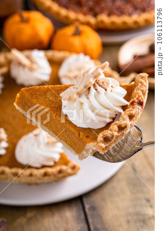 Slice of pumpkin pie with whipped cream on top 106113796