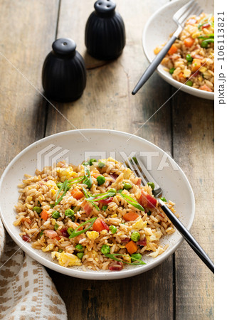 Breakfast fried rice with eggs and bacon 106113821