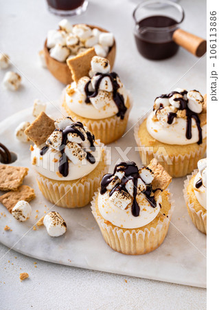 Smores cupcakes with graham crackers, toasted marshmallows and chocolate 106113886