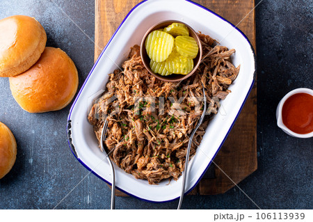 Pulled pork on a serving platter, ready to eat 106113939