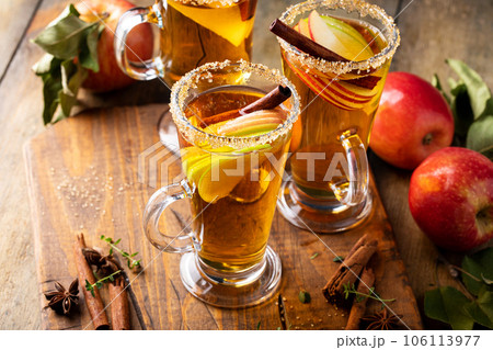 Apple cider hot toddy, warm fall cocktail or mocktail idea 106113977