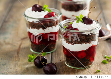 Black forest trifles, dessert in jars concept 106114077