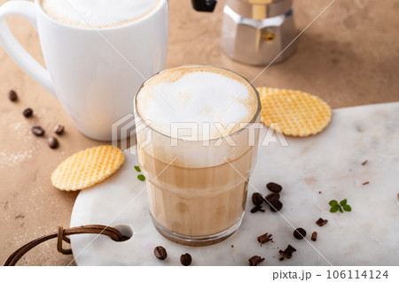 Hot coffee latte and cappuchino in a glass and mug 106114124