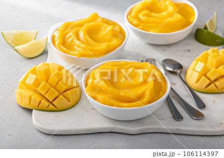 Mango ice cream or nice cream, blended frozen mango dessert Mango ice cream or nice cream, blended frozen mango dessert 106114397