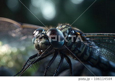A macro shot of a dragonfly with delicate transparent wings on a blurred background. Generative AI 106114584