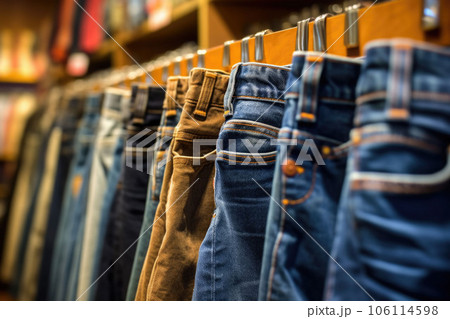 Row of denim jeans hanging in closet. Jeans store in a shopping center. Denim sales. Generative AI Row of denim jeans hanging in closet. Jeans store in a shopping center. Denim sales. Generative AI 106114598