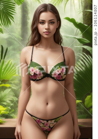 Beautiful girl in lingerie posing in jungle 106114807