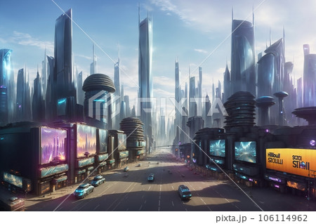 In the future metaverse city, there are realistic billboards that adorn the sci-fi modern landscape. 106114962