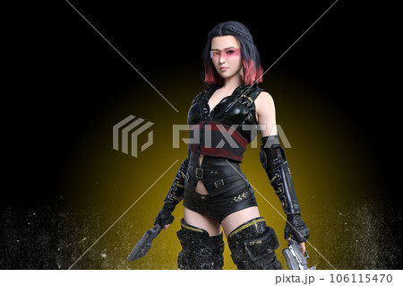 銃を両手に身構えるプロの女性ヒットマン 106115470