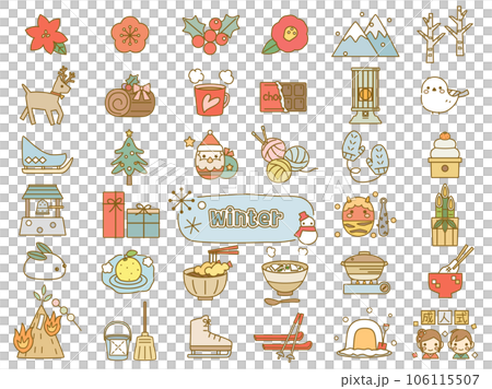 A set of illustrations inspired by winter events such as Santa and kadomatsu, a combination of line drawings and colors 106115507