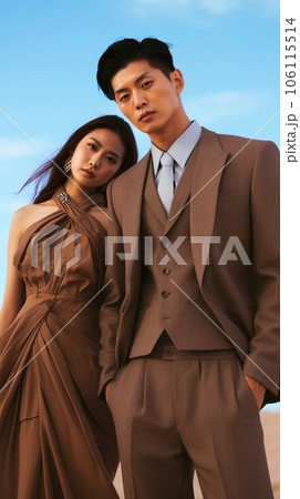 Portrait of a young Korean couple, wearing beige clothes. Model. 106115514
