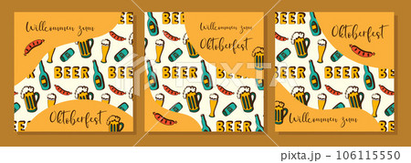 Oktoberfest. Beer festival. Posters set with pattern and inscription Willcommen zum Oktoberfest. Oktoberfest. Beer festival. Posters set with pattern and inscription Willcommen zum Oktoberfest. 106115550