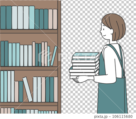 A woman carrying a large bookshelf and books A woman carrying a large bookshelf and books 106115680
