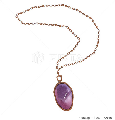 Large feminine pendant with ametrine and gold chain. Watercolor gradients of pink and purple. Clipart. Isolated illustration on a white background. Women's jewelry 106115940