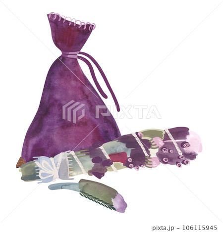 Herbology: purple suede pouch with golden corners and dried herbs for cleansing and fumigation ritual.Modern Witch. Home harmony. Watercolor isolated illustration on a white background. 106115945