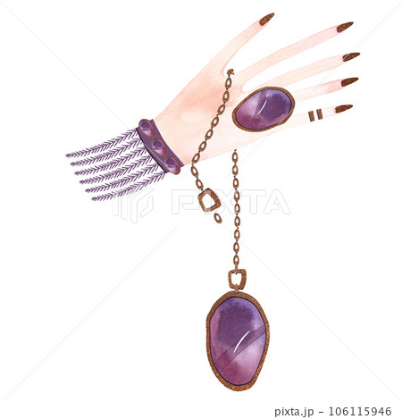 Lithomancy: the feminine hand of a witch reads fortunes on a pendant. Watercolor illustration with pink and lilac streaks and gradients and gold leaf. Isolated image for a mystical and esoteric store. 106115946