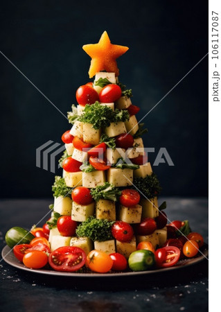 Christmas tree made of cheese and vegetables with a star. Christmas tree made of cheese and vegetables with a star. 106117087