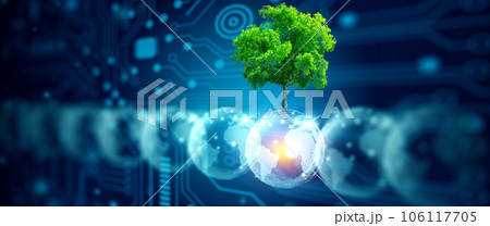 Crystal ball with tree against nature with digital convergence and technology background. Ecology, Energy, Environment, Green Technology, and IT ethics Concept. 106117705