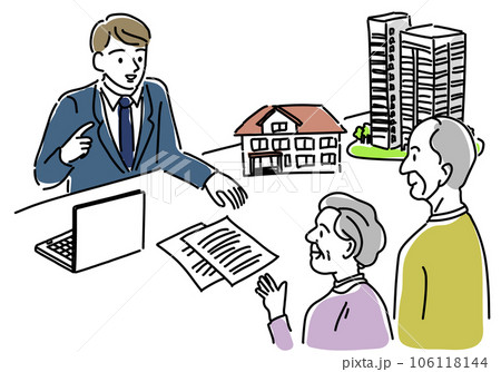 不動産について説明する業者のシンプル線画イラスト 106118144